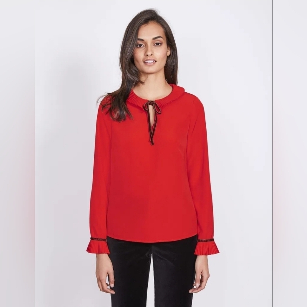 Boden Red Frieda Pleated Peter Pan Collar Velvet Neck Tie Bow Blouse Size 12 - Picture 3 of 16